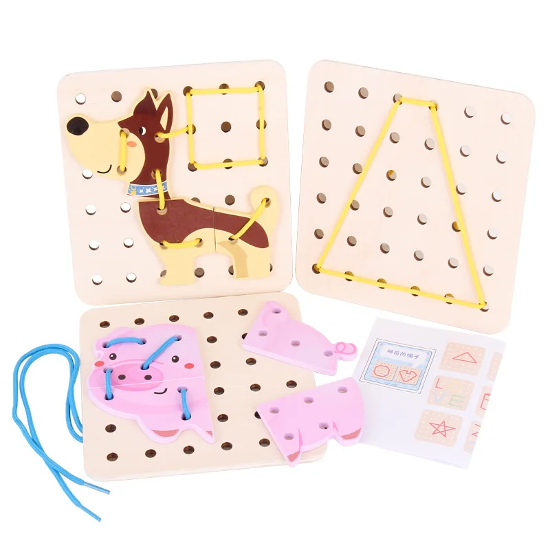 Fun Wood Toys Animal Dog Pig Threading Board Educational Toy 3D Puzzle Games Montessori Toy for Children Holiday Gifts Hot Sale