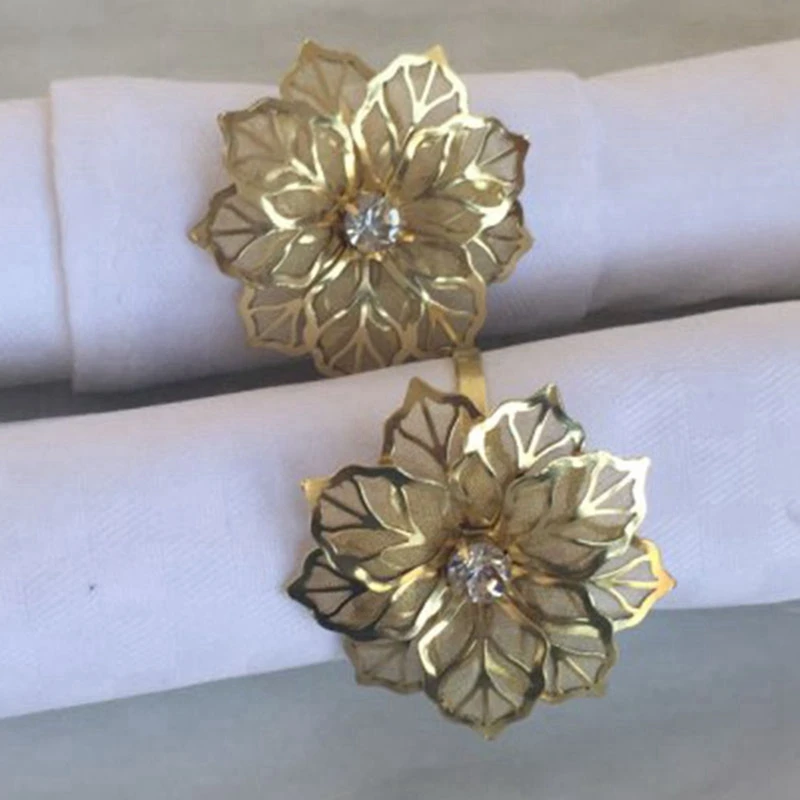 10Pcs Flower Design Napkin Rings Metal Gold Napkin Buckle Napkin Ring Holder & 6Pcs Christmas Wreath Napkin Rings