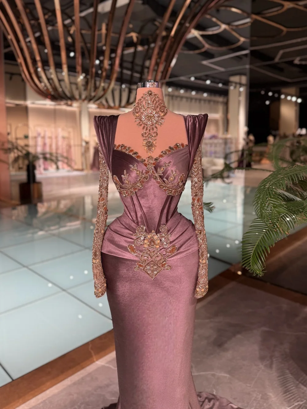 Glimmering Crystal Velvet Evening Dress Charming Floor-length Mermaid Formal Party Gown Customized Long Sleeved Prom Dresses