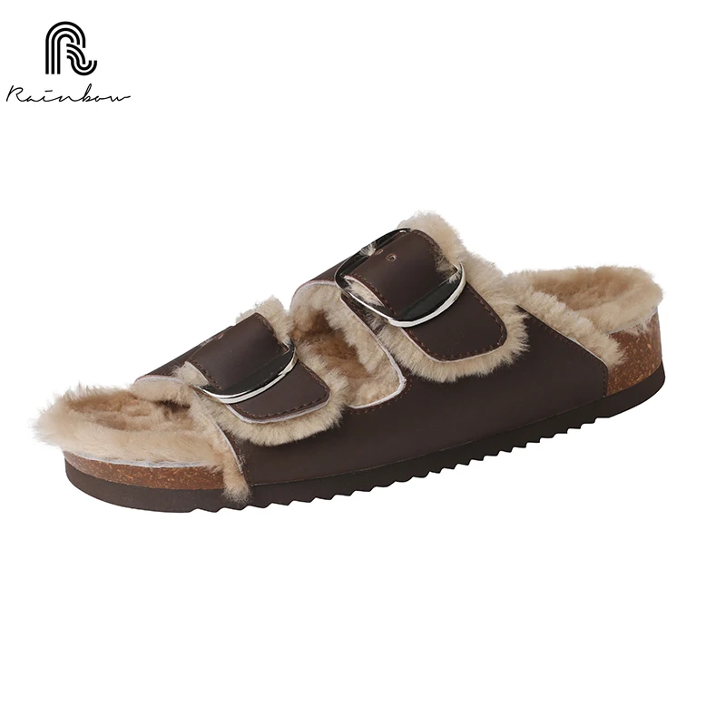 

RAINBOW 35-40 Plush Open Toe Winter Fluffy Slippers Sheepskin Wool Real Fur Footwear Suede Slides Women Shoes Luxury Slip On