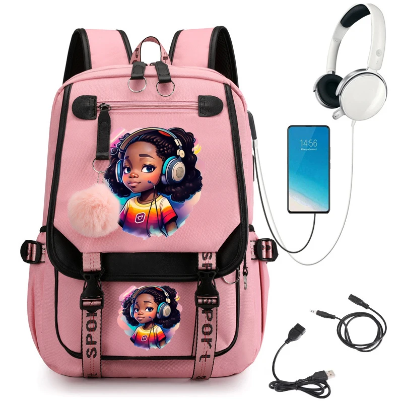 

Black Girl Print School Backpack Bag Cute Cartoon School Bag for Student Teens Usb Bookbag Anime Laptop Teenager Backpack Bags