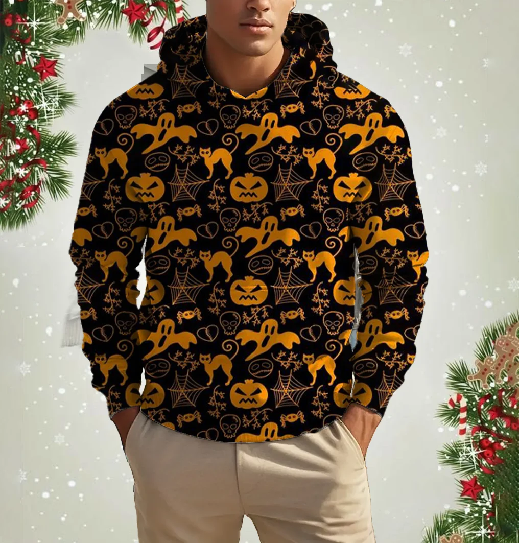

New Fashion Cool Halloween Hoodie Mens 3D Printed Pumpkin Bat Spider Web Pattern Pullover Casual Comfortable Hooded Sweatshirt