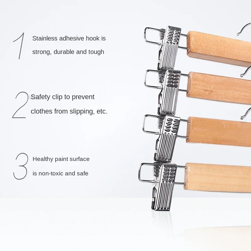 5PCS High-Grade Wooden Pants Hangers with Stainless Steel Clips Solid Wood Skirt Hanger Trousers Rack Clip Clothes Pegs MJ