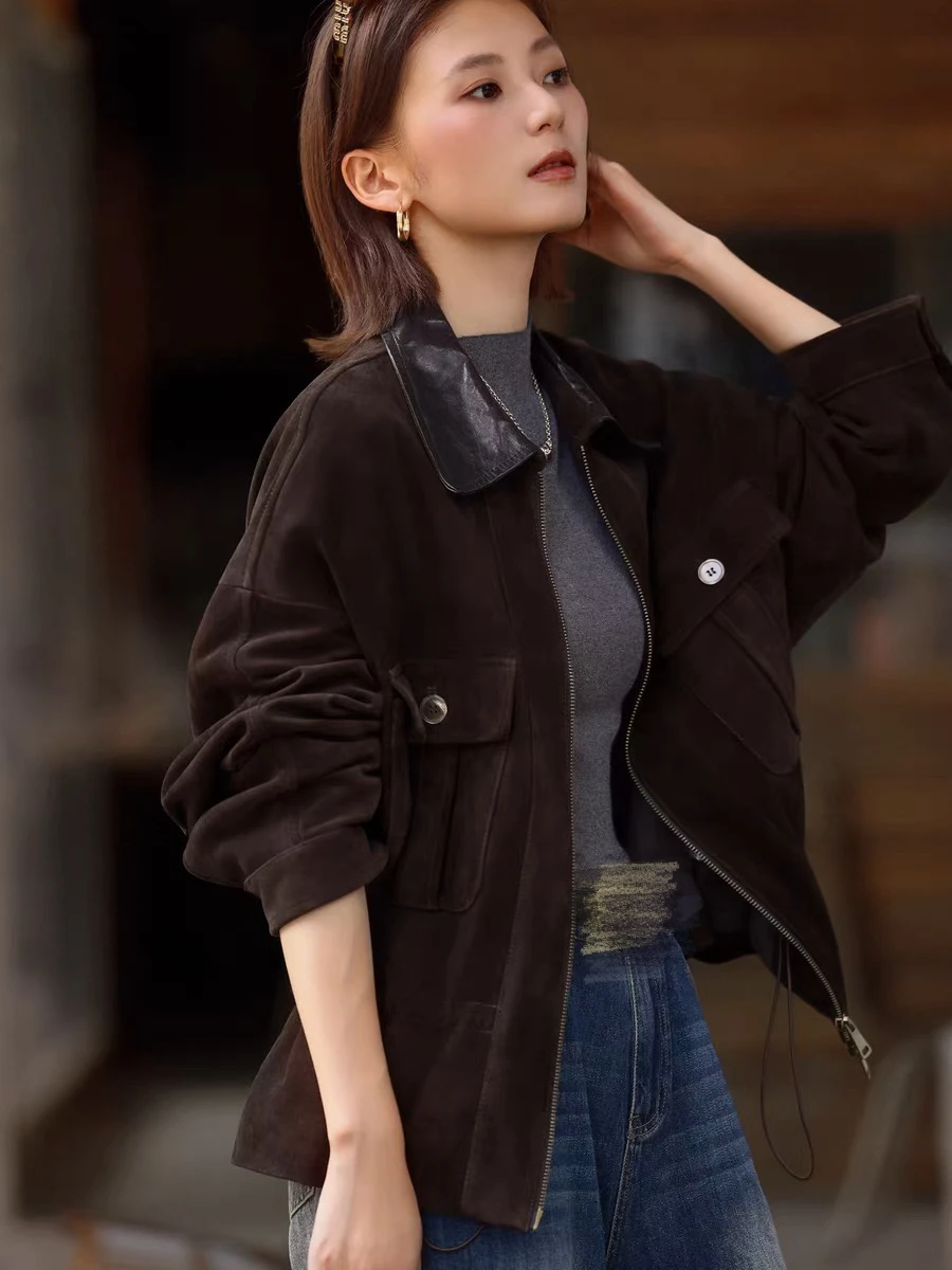 2025年冬ブランド キッズ スエードレザージャケット レディース 襟ポケット付き 100%シープスキン スリムフィットコート ベルト付き ブラックシャツ ベスト