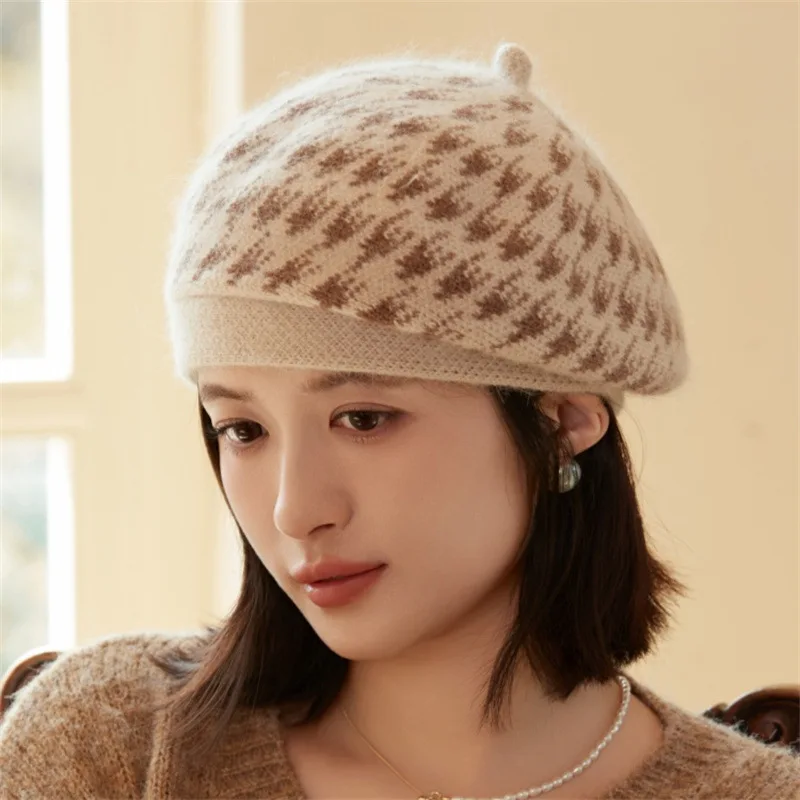 Fashionable rabbit hair knitted houndstooth beret Korean style warm in autumn and winter Exudes French literary charm for ladIes