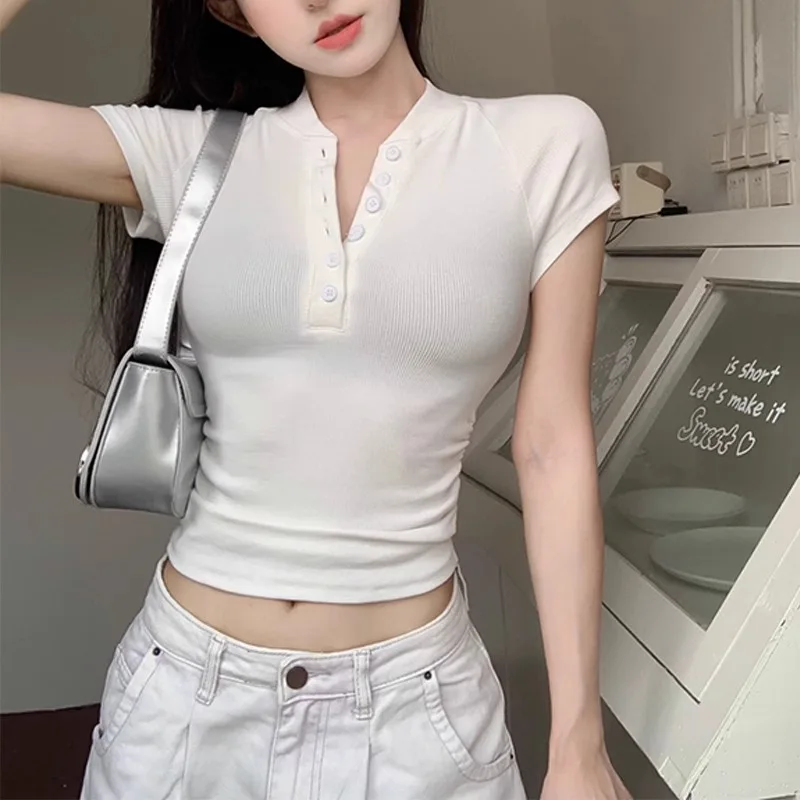Cotton Short Sleeve T-shirt 2024 Summer Slim Short Shoulder Stand Collar Solid Color Crop Top Korean Version Women's Top