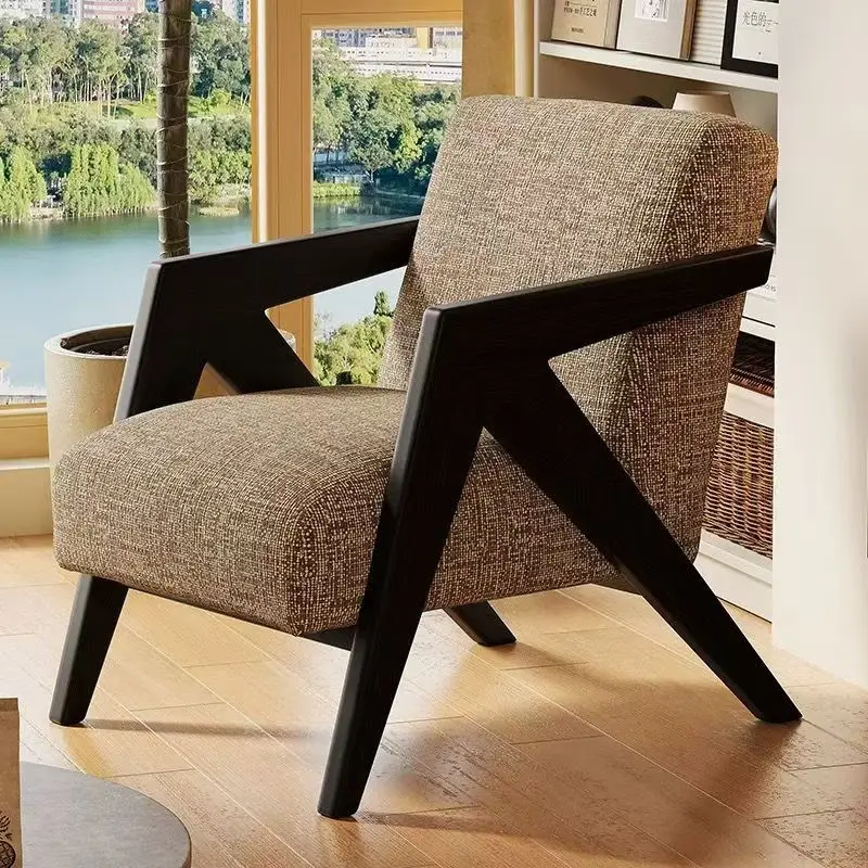 

@#Mid Century Solid Wood Frame Sofa Chair Modern Style Single Seater Linen Fabric Leisure Chair