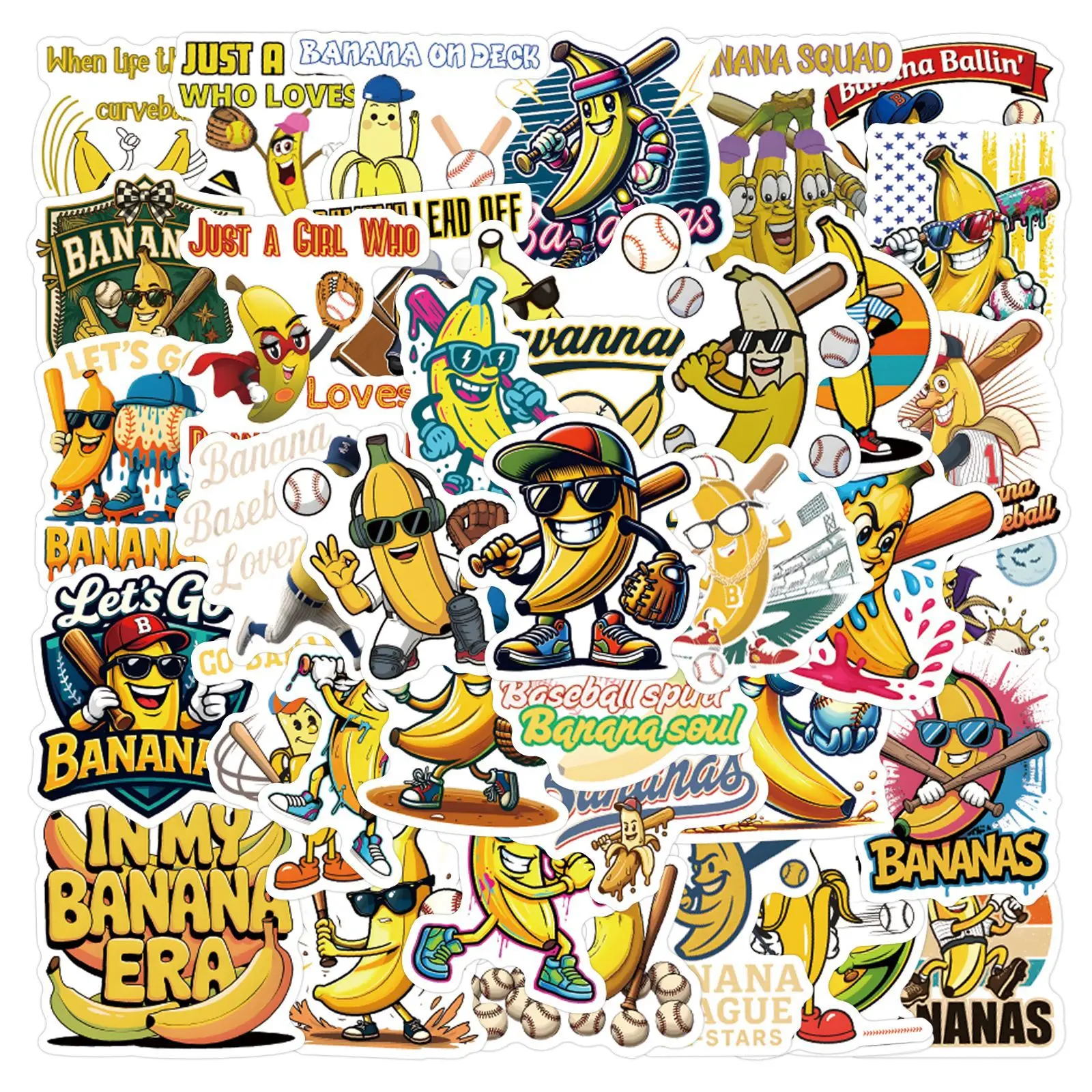 50Pcs Cartoon Banana Baseball Stickers Funny Graffiti Fruit Sport Decals Waterproof for Laptop Water Bottle Journal DIY Decor