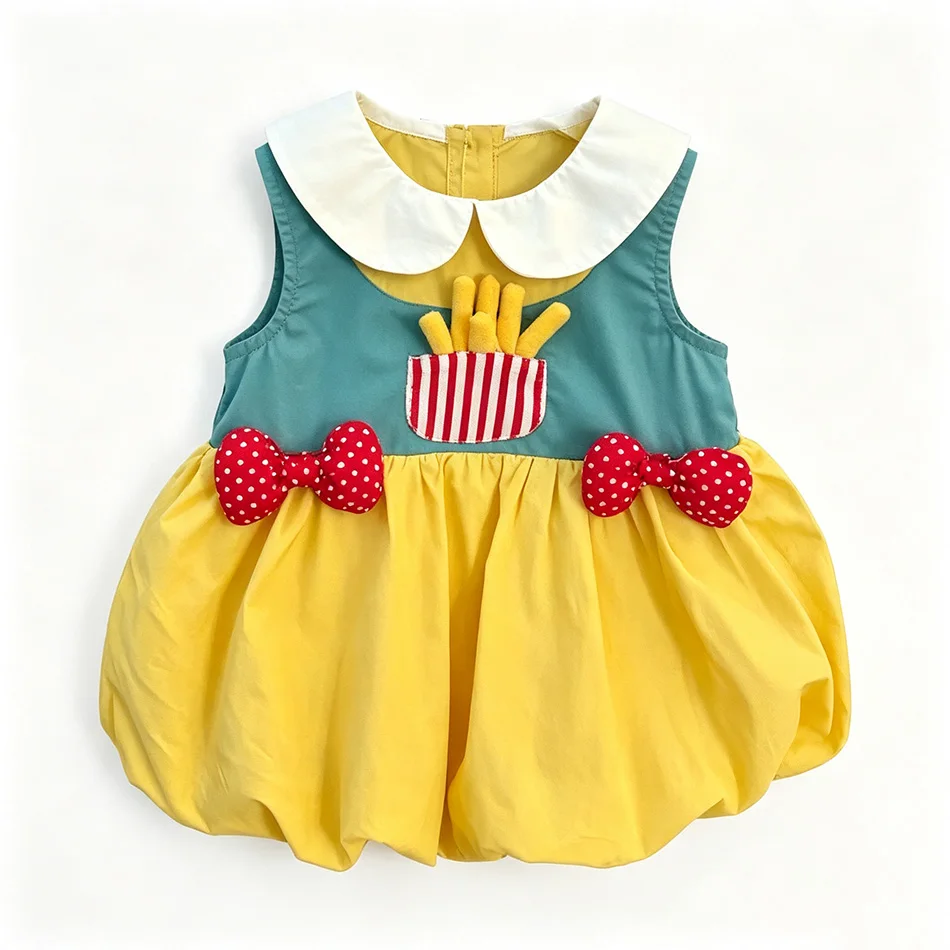 Girls Bubble Dress Cute Cartoon Snow White Bunny Fries Bow Decor Vest Puffy Skirt Baby Academy Outfit for Birthday Photoshoot