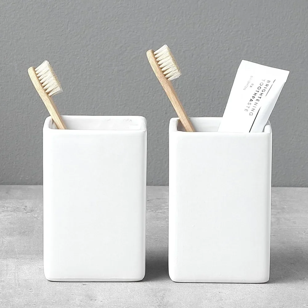 

Toothbrush Holders for Bathrooms - 2 Cups Ceramic Square Toothbrush Toothpaste Holders Set, White Square Bathroom Tumbler Cups