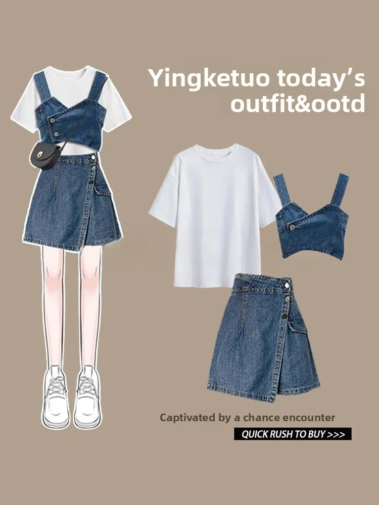 

Spicy Girl Denim Set Women's plus Size Two-Piece Suit Korean Style round Neck High Waist A-Line Skirt Short Sleeve Top