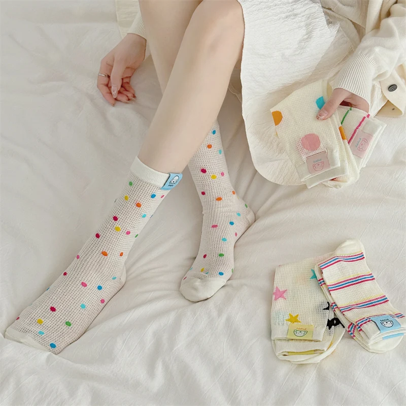 

Fashion Women's Socks Thin Summer Colorful Striped Mesh Socks Breathable White Cartoon Casual Trend Girls Crew Socks Comfortable