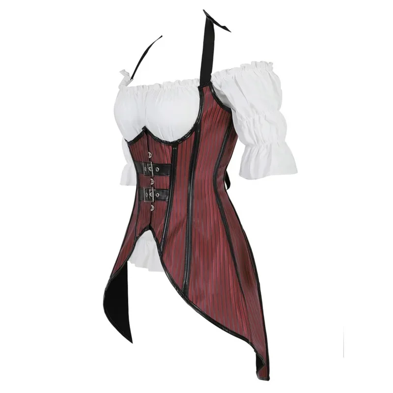 Корсет в стиле стимпанк, полосатый, с длинными бретельками, бюстье, жилет, топ с белой готической блузкой, костюм для бурлеска, костюм, корсет