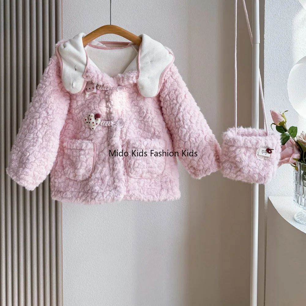 

3-9Y Kids Pink Hooded Teddy Bear Jacket Winter Warm Fleece Lined Coat with Free Bag 100-140cm