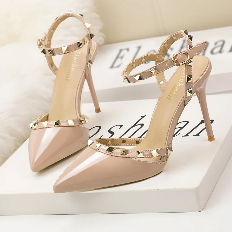 Alionly 2026 New Simple Sexy Slim Heeled High Heels For Women Pointed Rivets With Hollowed Out Straight Stripes Women's Sandals
