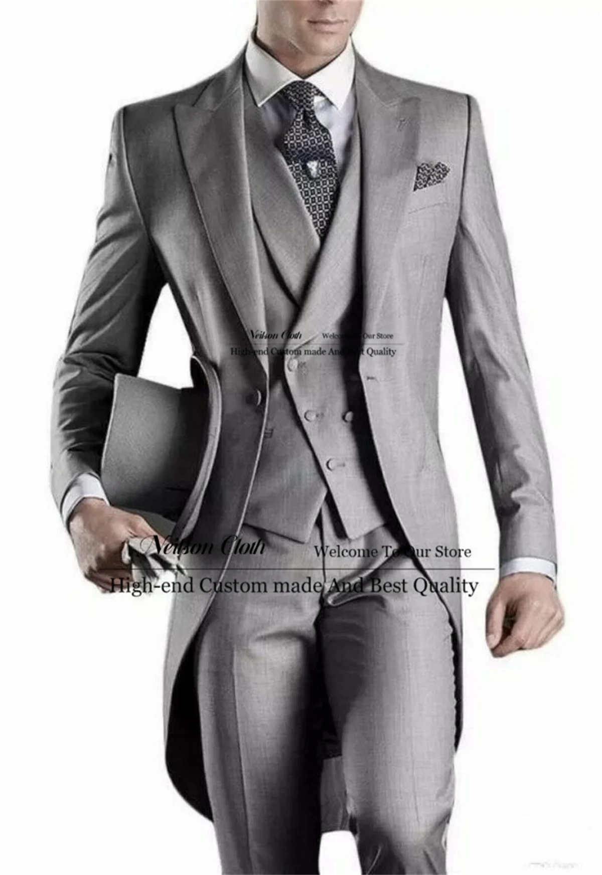 

Grey Long Coat Male Prom Blazers 3 Pcs Sets Peaked Lapel Groom Wedding Tuxedos Customized Tailcoat One Button Costume Homme
