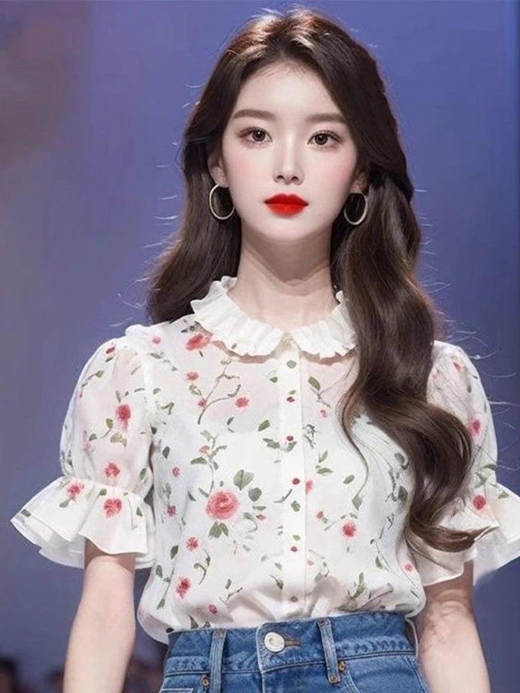 

Fashion Sweet Blouses Flower Print Peter Pan Collar Flare Sleeve Single Breasted Shirts Summer All Match Design Women's Clothing