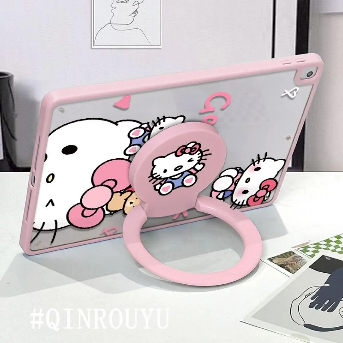 

Sanrio Hello Kitty Cartoon Single Sided Ipad 10 Protective Cover Cute Acrylic Desktop with Stand Girl Heart Anti Fall Flat Shell