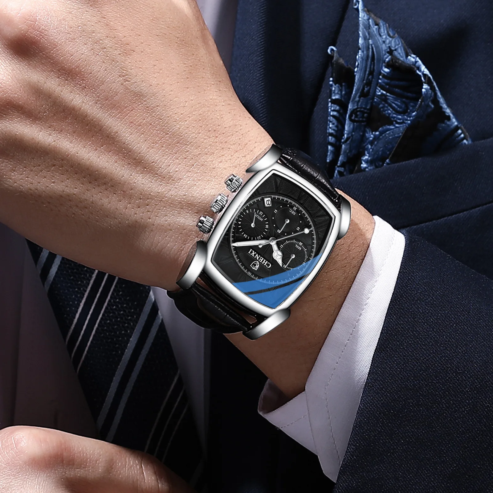 New Multi-functional Sports Watch, Men's Leather Rectangular Waterproof Luminous Quartz Watch