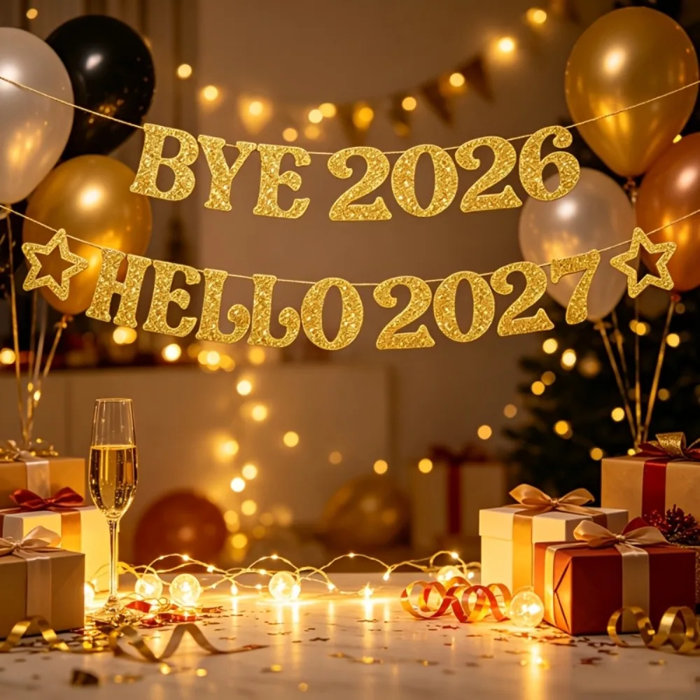 Gorgeous Glitter BYE 2026 HELLO 2027 Banner DIY Golden New Year Party Hanging Flag Festival Paper Party Decoration Banner Mall