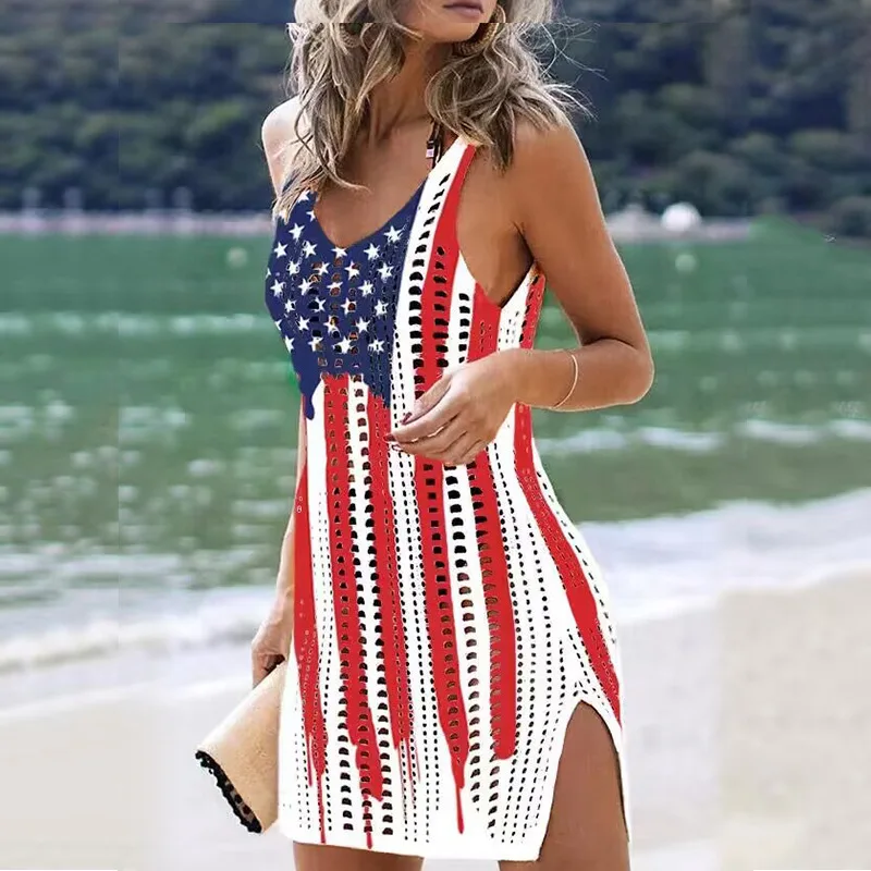 Women Dress Knitted Hollowed Out Tank Tops, Beach Vacation Bikinis, Short Skirts, Sun Protection Dress