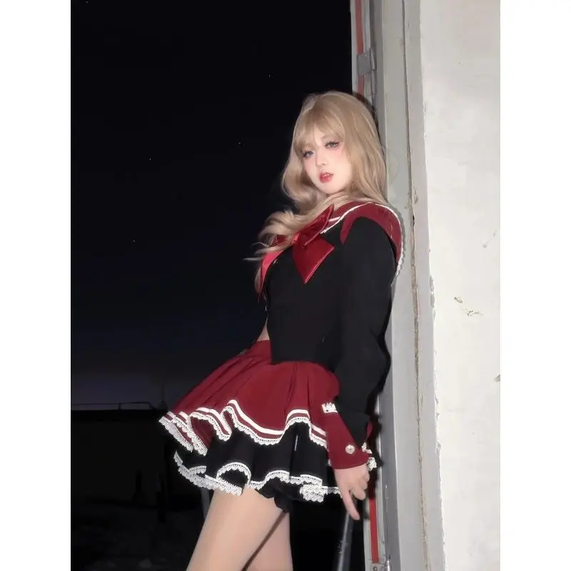 Japan JK Gothic Sailor Collar Long Sleeve Women Slim Fit Shirts+ High Waist Ruched A-line Skirts Summer New 2 Piece Sets