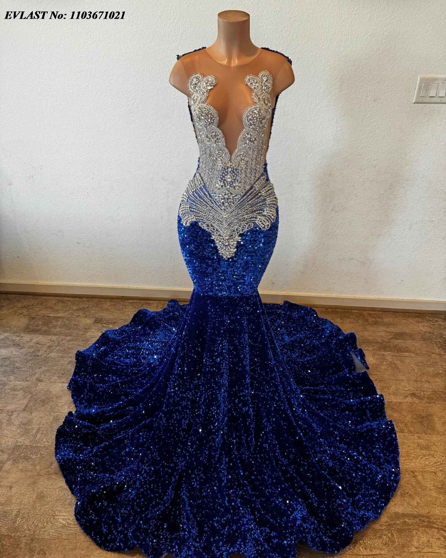 EVLAST Customized Royal Blue Sequins Mermaid Long Prom Dress For Black Girls Silver Diamond Beaded Party Gala Gown Vestidos P105