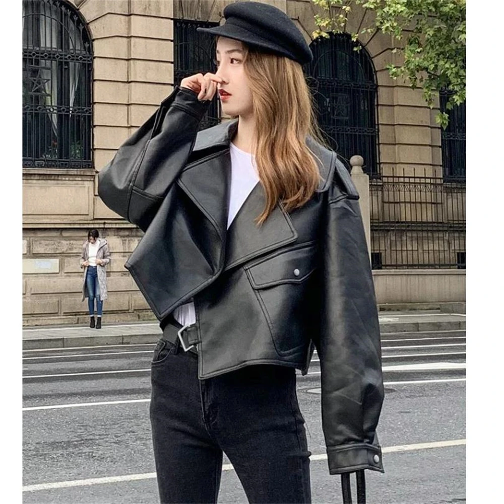 Neue Frühjahr Mantel Frauen Faux Leder Jacke Biker Rot Weiß Mantel Turndown Kragen PU Motorrad Jacken Lose Streetwear Oberbekleidung