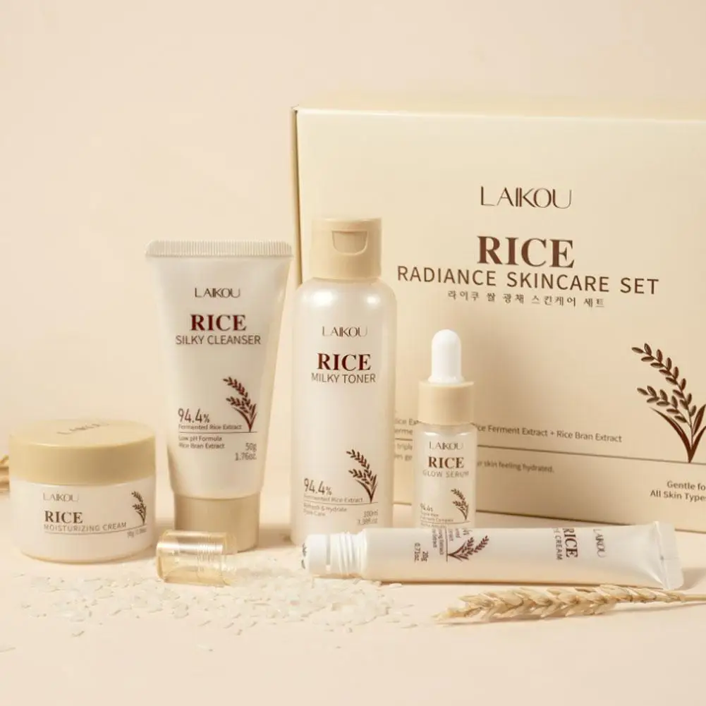 Juego de cuidado de la piel con brillo de arroz, hidratante, reafirmante, decoloración de líneas finas, limpiador suave, suero de tóner, crema para ojos, juego de crema de esencia