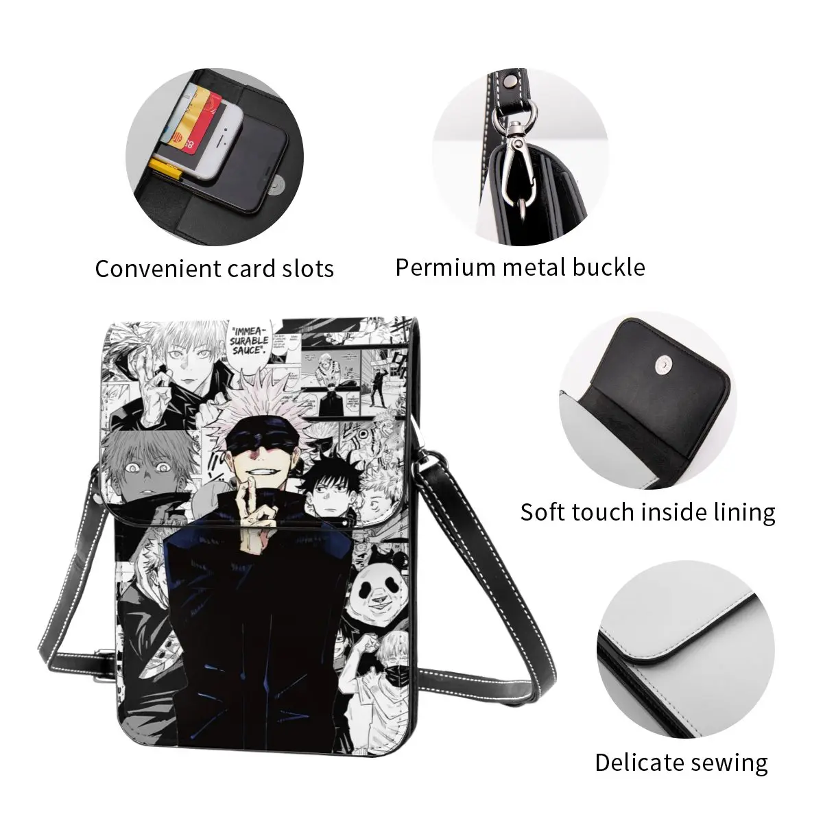 Cartera cruzada de Anime Jujutsu Kaisen, bolso de hombro para teléfono móvil, monedero con correa ajustable