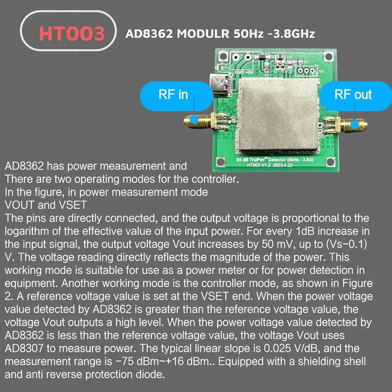 RF Power Detector AD8362 50Hz-3.8GHz True RMS Logarithmic Detector Module -52 to +8dBm 50mV/dB SMA HTOOL HT003