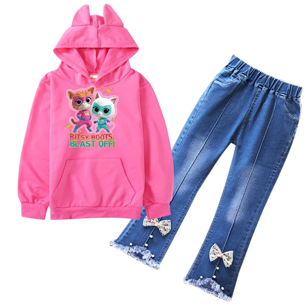 Setelan baju anak perempuan, setelan kartun Superkitties pakaian musim semi musim gugur Pullover Hoodie + celana Jeans denim 2 potong