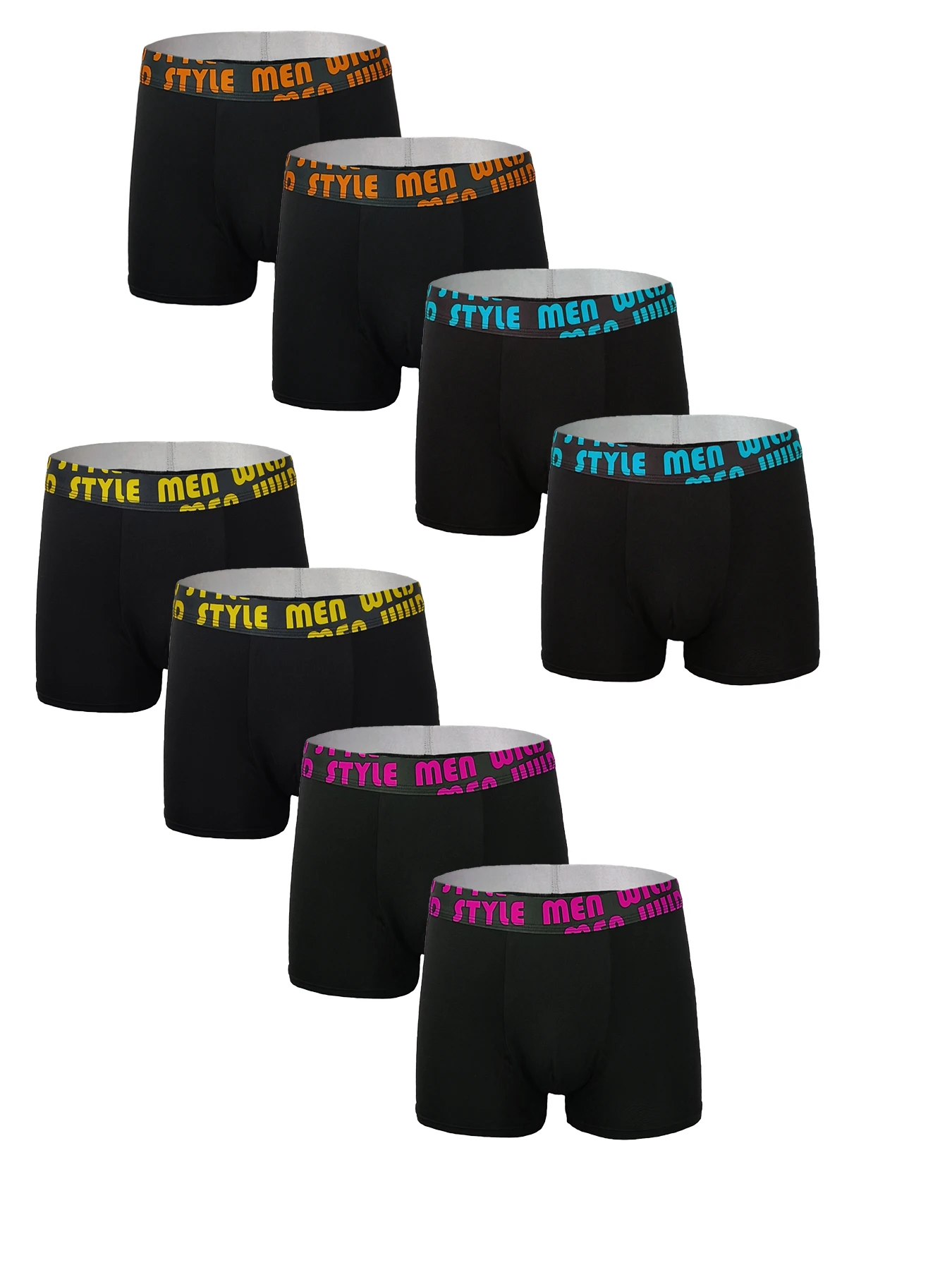 

8-Piece Men's Polyester Boxer Briefs Set - Black Body with Colorful "STYLE men" Printed Waistband Underwear