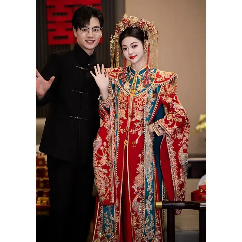 

Роскошное новое сверхпрочное платье в китайском стиле с драконом и фениксом, свадебное платье, корона, красная накидка