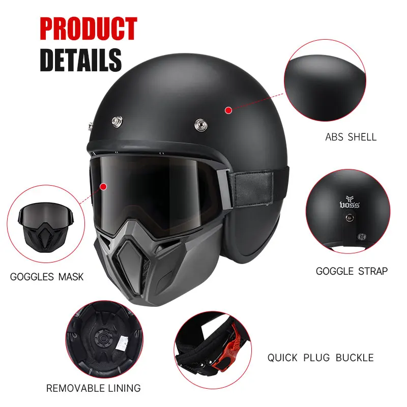 3/4 Open Face Men's Motorcycle Helmet with Protective Mask Adult Size DOT Approved Scooter Cruiser Helmets for Moped ATV Moto