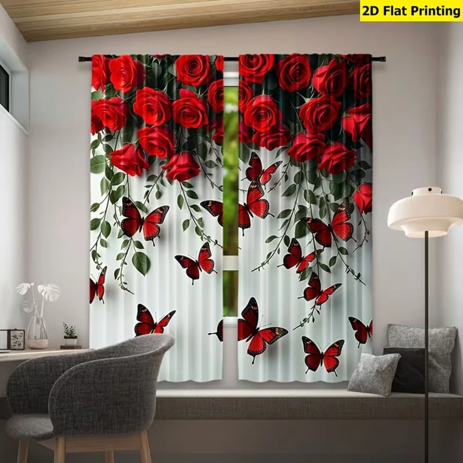 2-Piece Set High-Definition Digital Print Red Rose Butterfly Patterned Semi-Blackout Curtains