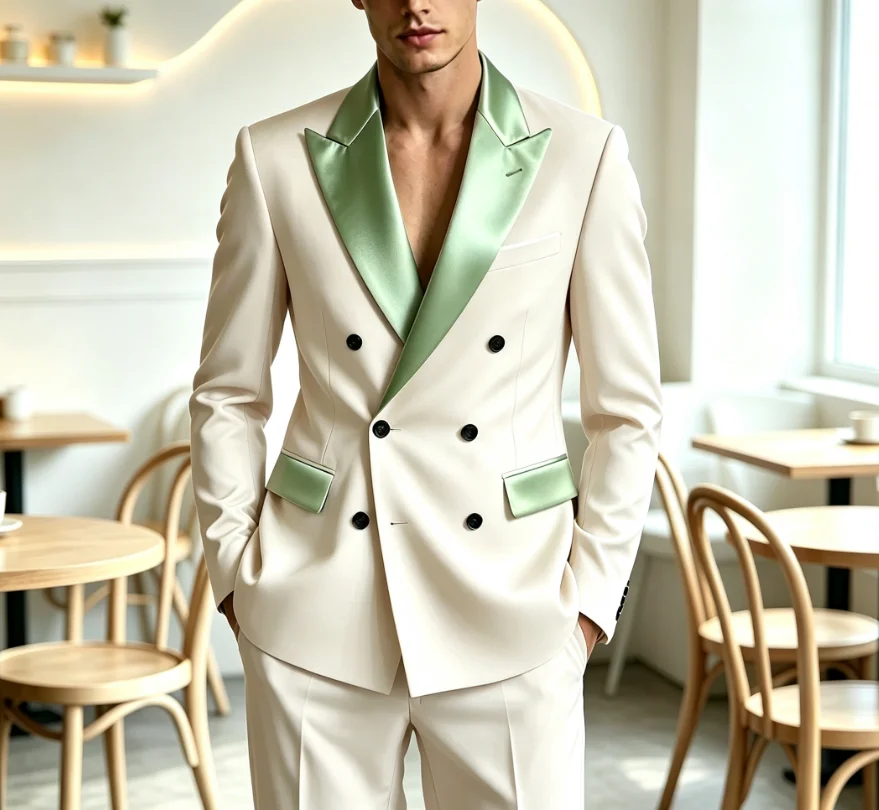 Slim Fitting White Suit Set for Men, Black Collar, 2 Pieces Formal Suits, Wedding Tuxedo, Customized Colors Blazer and Pant Set