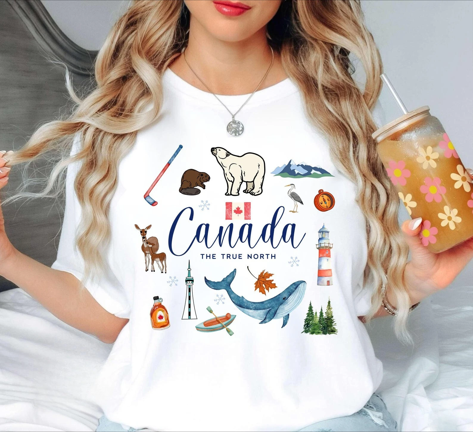 Canada Souvenir T-Shirt True North Watercolor Graphic Tee Canadian Nature Wildlife Travel Gift Shirt T-Shirts for Women