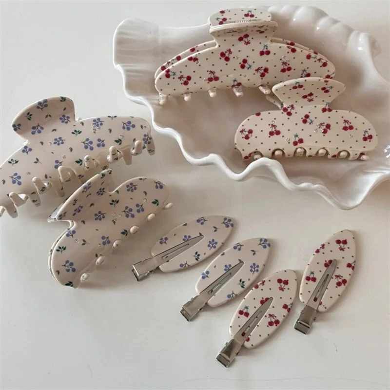 Printed Cherry Fruit Shark Clips Forehead Broken Hair Seamless Clips Bangs Clip Sweet Makeup Hairpin Cute Hair Accessories Roses