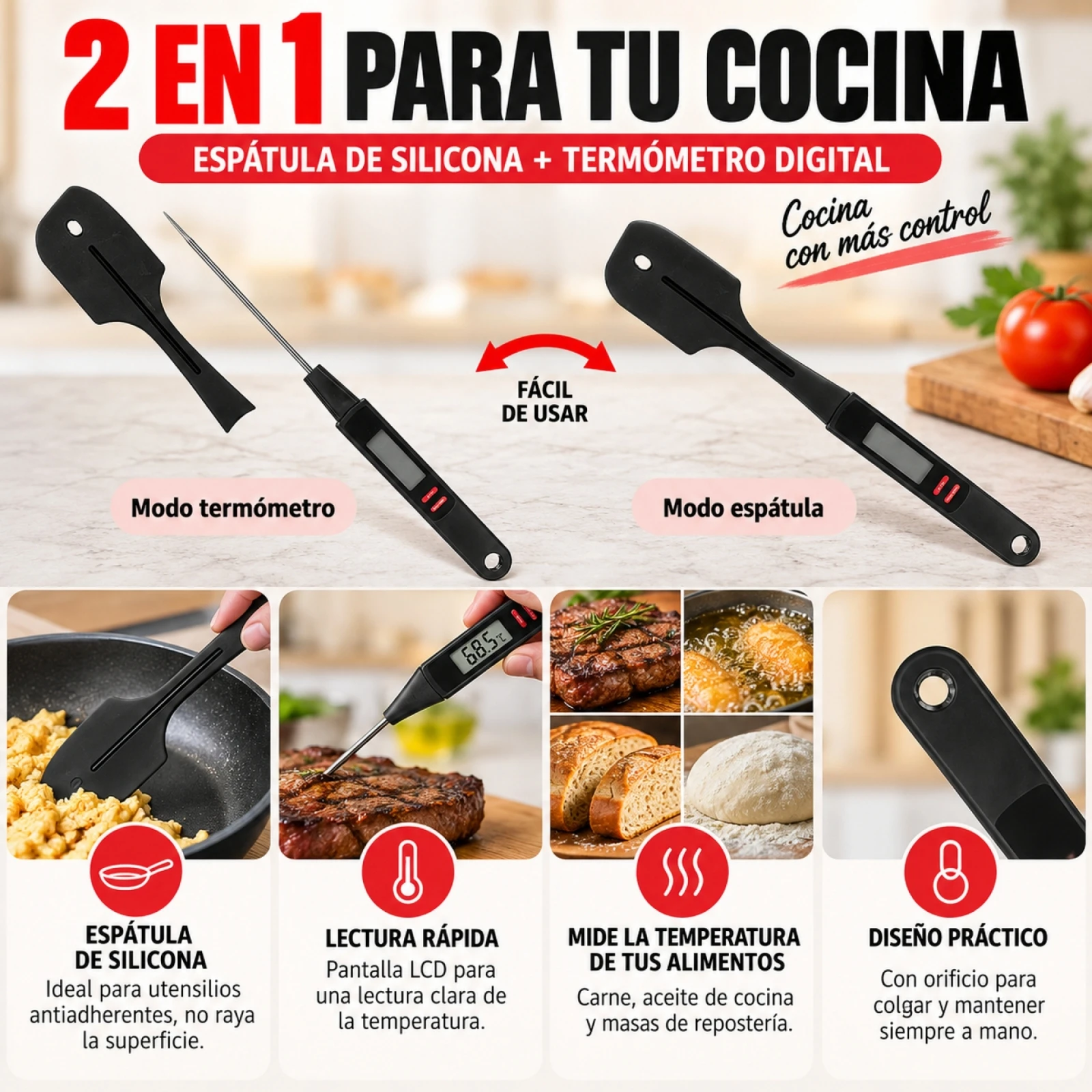 Espátula de Silicona 2 en 1 con Termómetro Digital Integrado para Cocina y Repostería, Pantalla LCD de Lectura Rápida para Carnes, Aceites y Masas, Color Negro, 9 x 32.5 x 2.5 cm