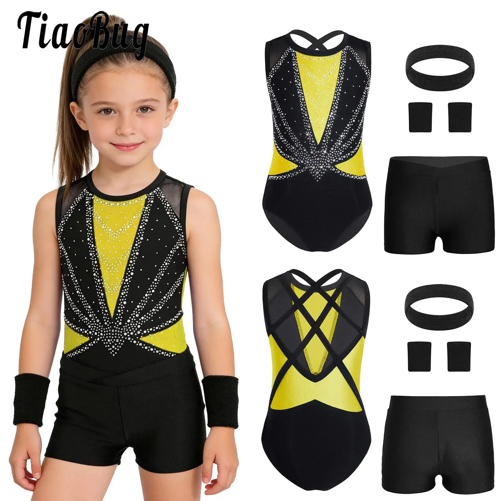 

Kids Girls Bodysuit Ballet Rhythmic Gymnastics Outfits Cheerleader Costume Dance Leotard Shorts Headband Wristbands Sports Set