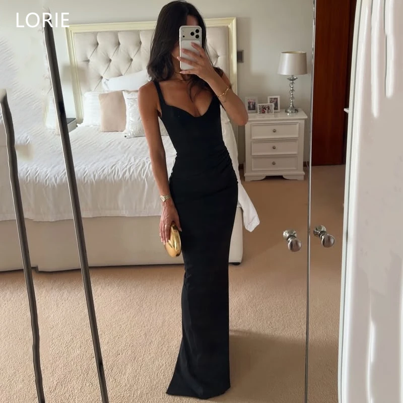 

LORIE Chic Black Party Dresses Spaghetti Straps V-Neck Evening Prom Dress Sexy Sheath Mermiad Prom Gown Customized