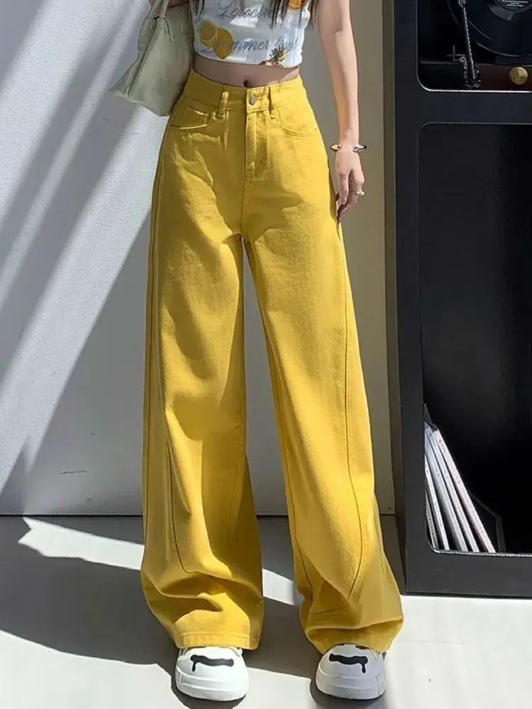 High street yellow wide-leg jeans for women 2026 spring new style, high waist loose fit hip-covering niche casual pure color