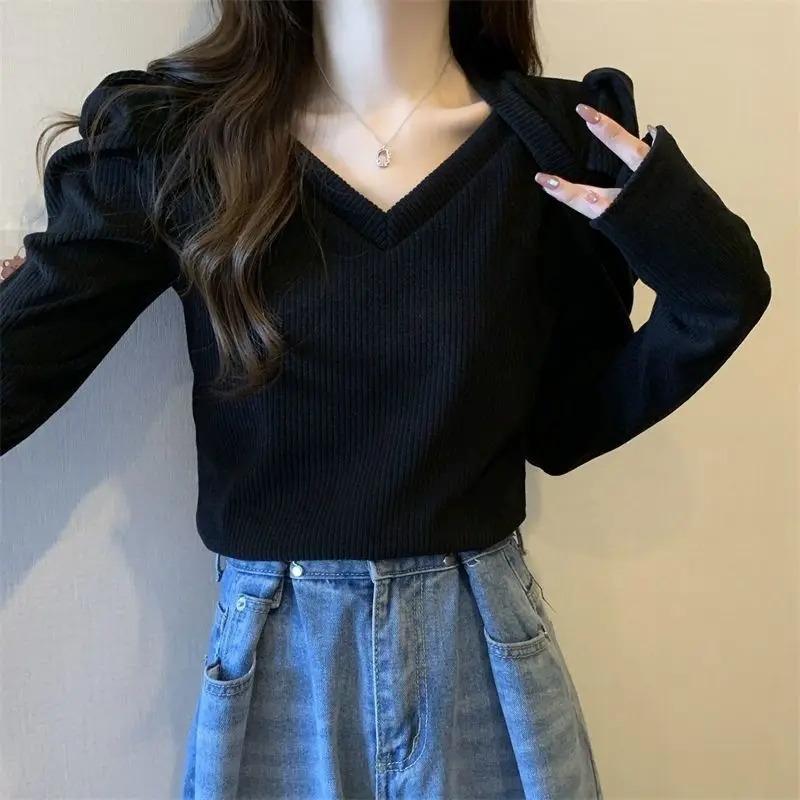 V Neck Pleated Korean T Shirt Tops Spring Autumn New Long Sleeve Solid All-match Fashion Pullovers Casual Sweet Women Clothing