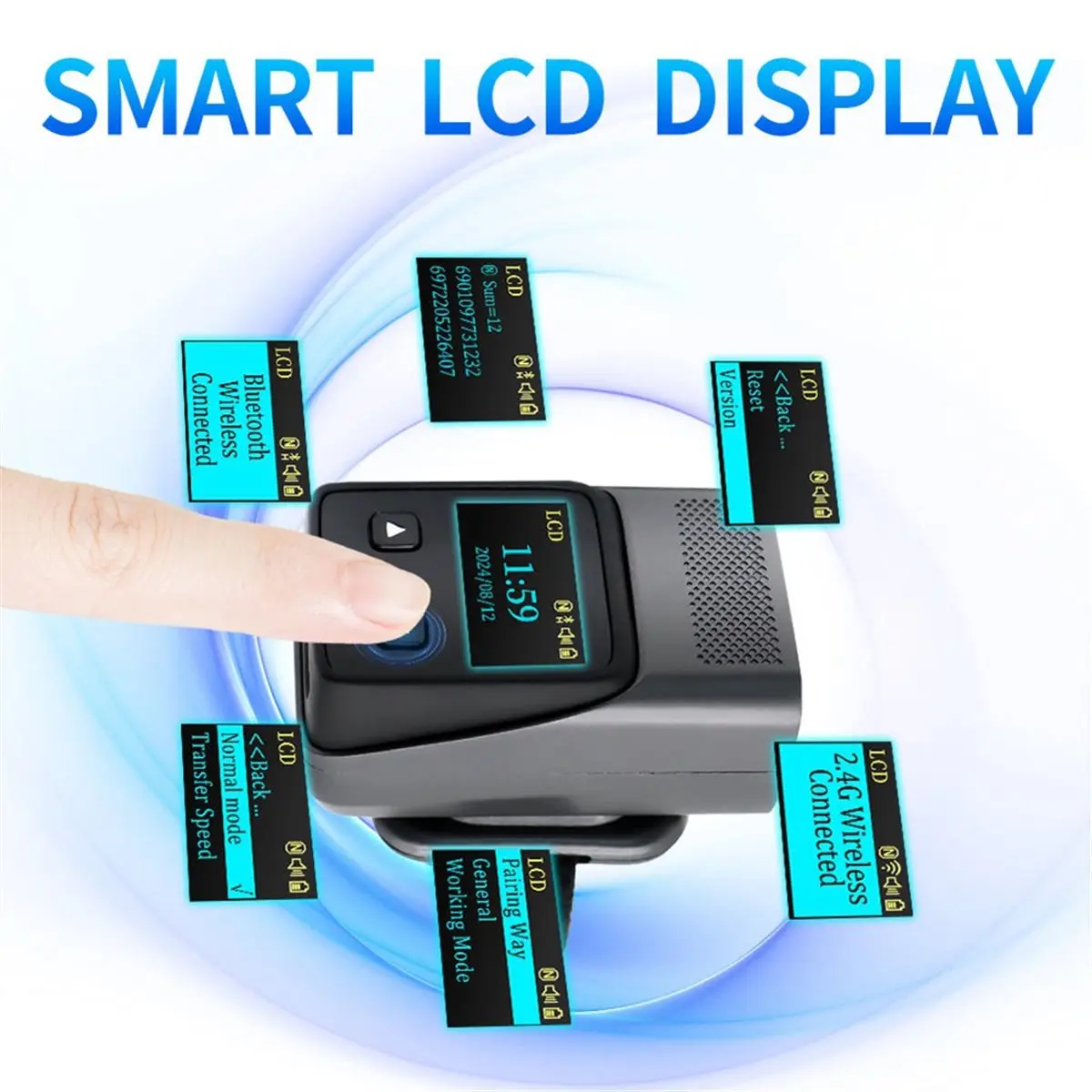 T35C Ring Barcode Scanner, Bluetooth Finger QR Code Reader, 1D Laser/2D with Screen Scanning Support, with Screen