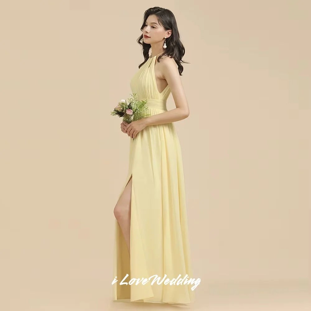 Yellow Halter Bridesmaid Dresses 2025 Chiffon Sleeveless Pleated Side Split A-Line Floor-Length Wedding Guest Dresses Customized