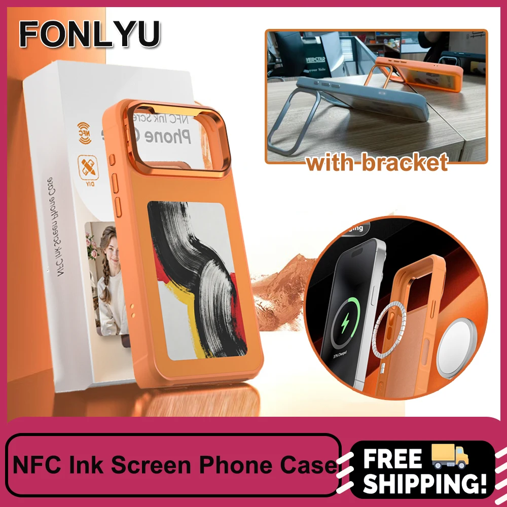 Fonlyu NFC E-Ink Bildschirm Handyhülle mit Ständer für iPhone 17 Pro Max Magnetische Drahtlose Übertragung 4 Zoll HD Foto Handycover