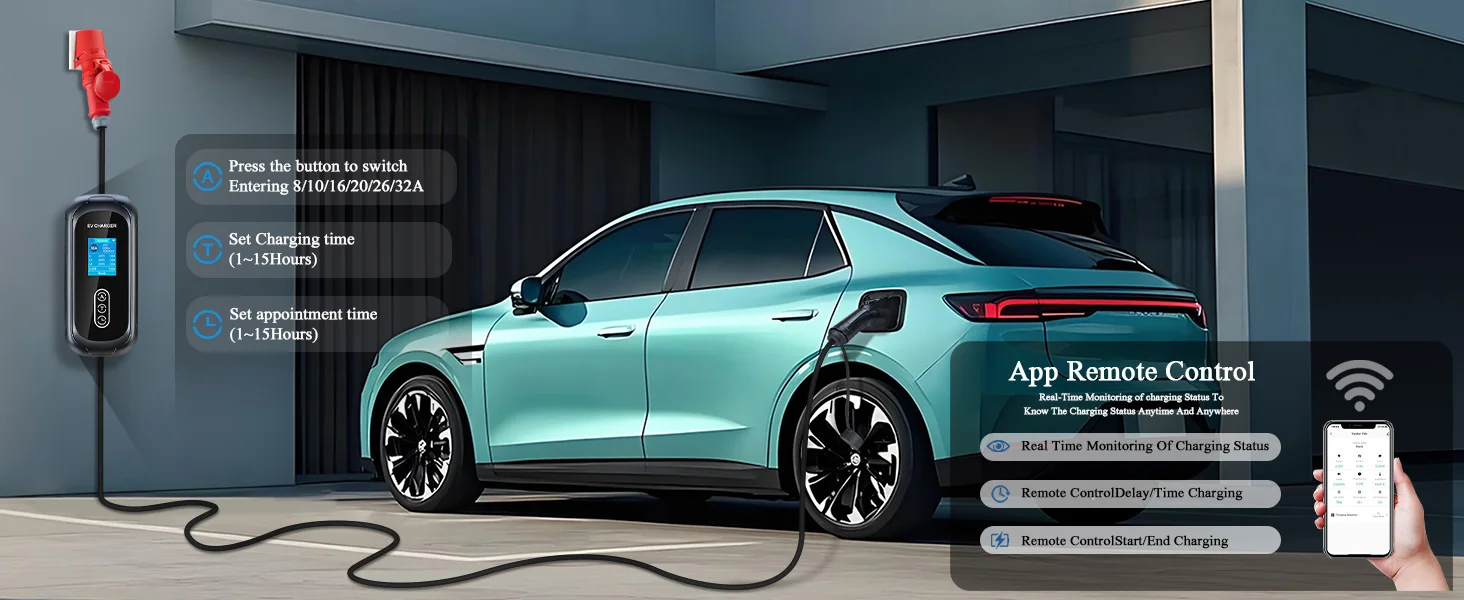 Isigma Tragbares EV-Ladegerät, 32 A, 22 kW, Typ 2, Lade-Wallbox über Tuya-App, WLAN-Set, Ladezeit, Elektrofahrzeug, Hybrid-Autos, 5 m – Detail 2