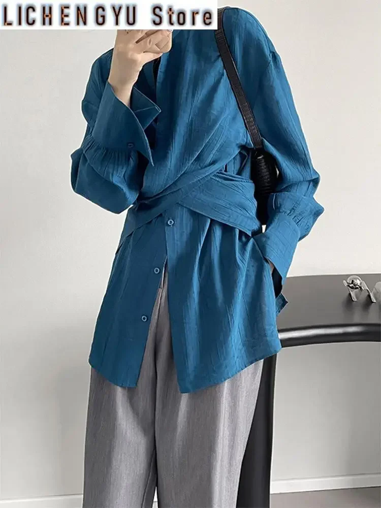 

Women Apricot Cross Bandage Blouse New Stand Collar Long Sleeve Loose Fit Shirt Fashion Tide Spring Autumn