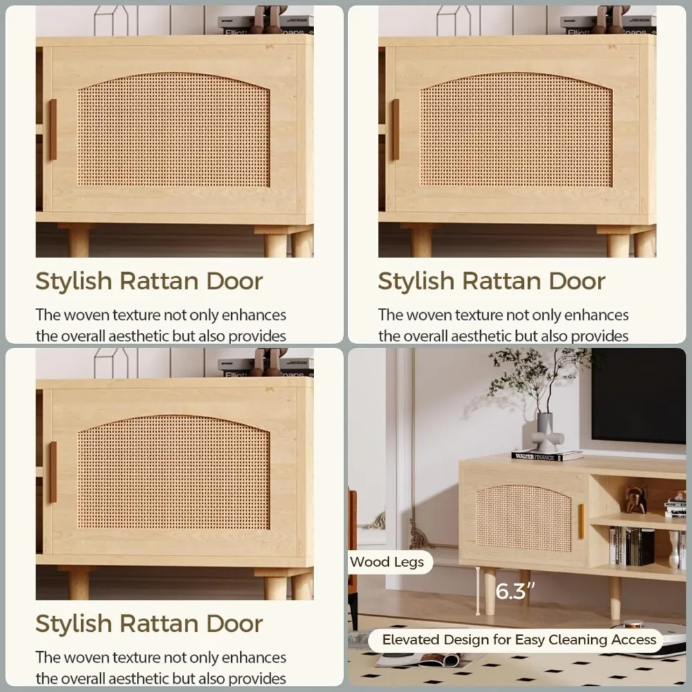 حامل تلفزيون، وحدة تحكم تلفزيون وسائط للتلفزيون حتى 60 بوصة، مركز ترفيه مخدد مع بابين بتصميم روطان، وخزانة تلفزيون بأرجل خشبية و #3